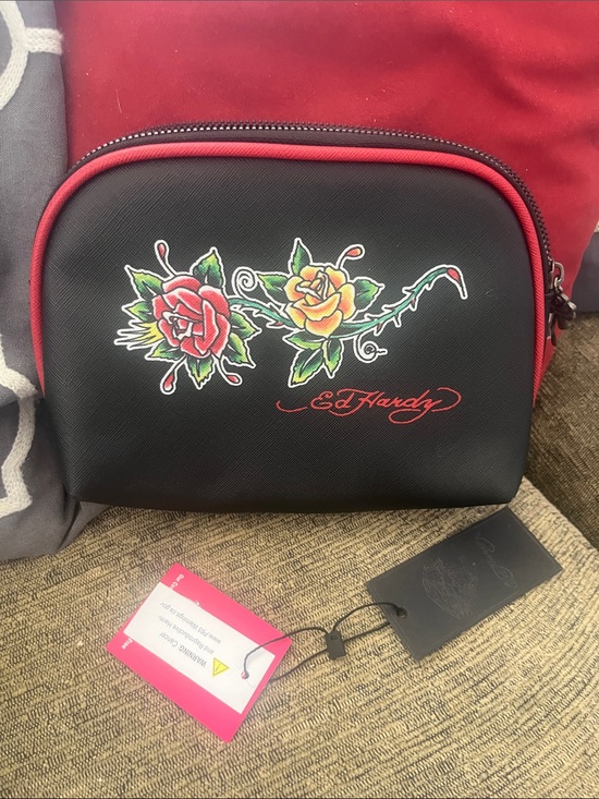 Ed Hardy Handbags - Ed Hardy Black Cosmetic Pouch carryall case Red Trim Rose Print gunmetal NWT